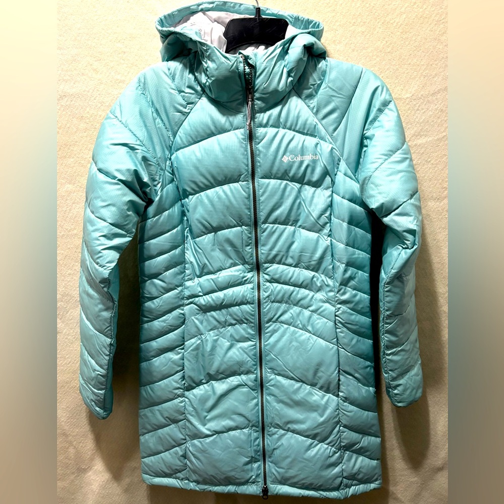 Columbia Blue Long Puffer Jacket with Hood